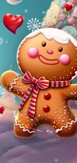 Festive gingerbread man with red hearts.