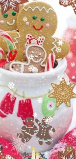 Festive gingerbread cookies with holiday decorations on a mobile wallpaper.