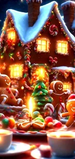 Gingerbread house with decorations and lights in festive setting.