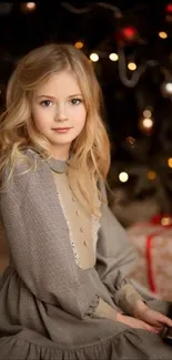 Young girl beside Christmas tree with lights.