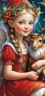 Festive angel with reindeer in holiday theme.