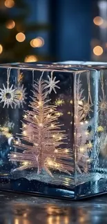 Festive glass cube with holiday lights enhancing the Christmas spirit.