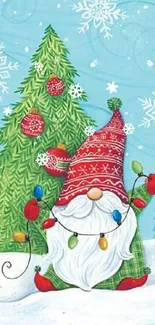 Whimsical gnome in vibrant winter scene with Christmas decorations.