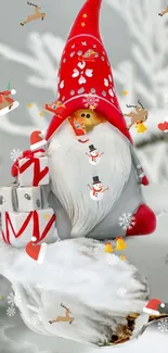 Charming gnome with red hat in snowy holiday scene.