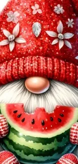 Festive gnome with watermelon art design.