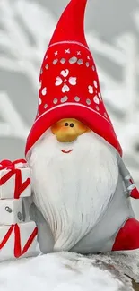 Charming gnome with gifts in a snowy winter scene.