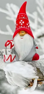 Festive gnome on snowy branch with winter backdrop.