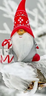 Gnome in a snowy winter scene with icy branches and festive red accents.