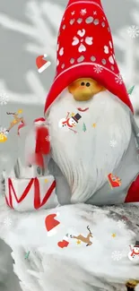 Cheerful gnome in red hat with winter holiday decorations.