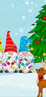 Festive wallpaper with gnomes, a Christmas tree, reindeer, and Santa's sleigh.