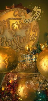 Golden Christmas ornament festive wallpaper with holiday decorations.