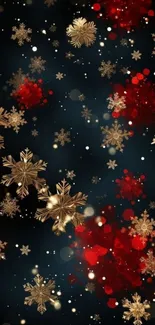 Gold snowflakes on dark festive background.