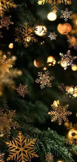 Gold snowflake wallpaper with twinkling holiday lights and festive greenery.