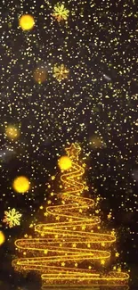 Golden Christmas tree with lights and snowflakes on a festive background.