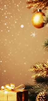 Golden Christmas wallpaper with ornaments and gift.