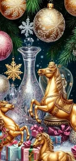 Gold and festive wallpaper with a horse and Christmas ornaments.