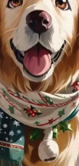 Charming golden retriever wearing a festive scarf, perfect for a mobile wallpaper.