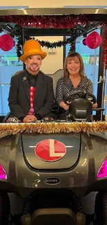 Festive decorated golf cart in holiday spirit.