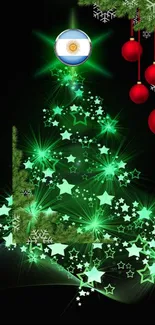 Festive green abstract wallpaper with stars and holiday decorations.