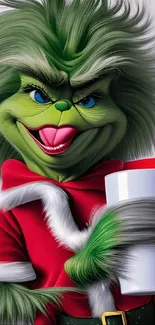 Festive green character with a mug in holiday attire.