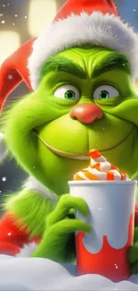 Festive green character in Santa hat with holiday drink.