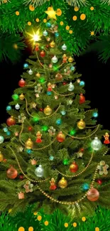 Festive mobile wallpaper with green pine branches and golden lights.