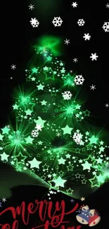 Festive green Christmas tree with stars and snowflakes.