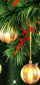 Festive mobile wallpaper with Christmas ornaments and green branches.