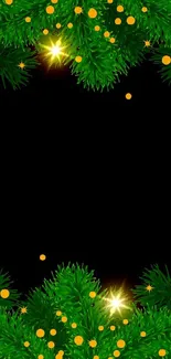 Festive green pine branches with golden lights on a black background.