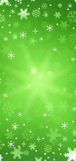 Green wallpaper with snowflake and starburst patterns creating a festive look.