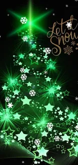 Green starry Christmas tree wallpaper with glowing lights and snowflakes.