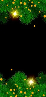 Green festive phone wallpaper with golden lights.