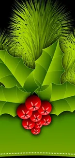 Festive green holly leaves and red berries wallpaper.