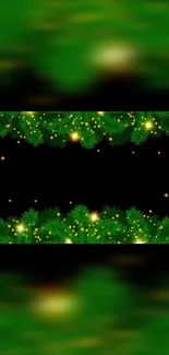 Festive green Christmas wallpaper with glowing lights.