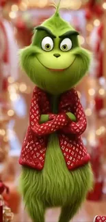 Festive Grinch cartoon in red coat