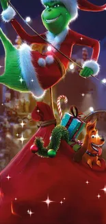 Festive Grinch with sack and gifts mobile wallpaper.