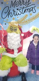 Grinch in Santa costume with a child smiling at Christmas.