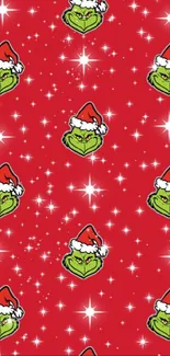 Red Christmas wallpaper with Grinch and stars.