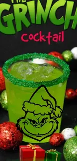 Grinch cocktail with holiday decorations and gifts.