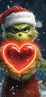 Grinch in Santa hat holding glowing heart with snowflakes.