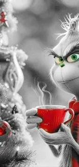 Grinch holding a red mug by festive Christmas tree.