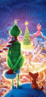 Grinch and dog overlooking a Christmas village in vibrant colors.