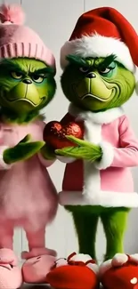 Grinch characters in festive Christmas attire holding ornaments.