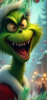The Grinch smiling in a festive holiday scene.
