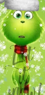 Festive Grinch mobile wallpaper with Santa hat and snowflakes.