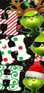 Grinch Christmas themed wallpaper with festive decorations.