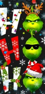 Vibrant Grinch holiday wallpaper with festive decor.