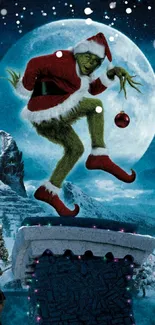 Grinch in Santa suit on snowy rooftop under full moon.