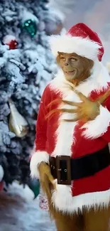 Grinch dressed as Santa with Christmas tree.