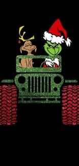 Grinch and dog in Jeep with Christmas lights.